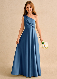 Azazie Puddles Girls Formal Flower Girl Dresses Twilight A-Line One Shoulder Matte Satin Dress image1