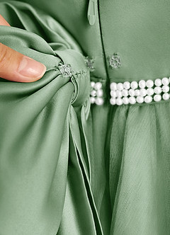 Azazie Firefly Robe Demoiselle D'honneur Fillette Robe Trapèze en Mat Satiné Arc Matcha image8