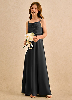 Azazie Chamomile Girls Formal Flower Girl Dresses Black A-Line Pleated Stretch Satin Dress image3
