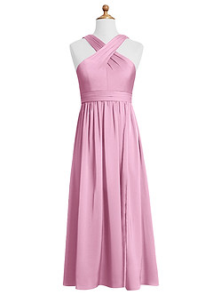Azazie Jiya Junior Vestido de Rosa Caramelo de Satén Elástico de Corte en A con Plisado image5