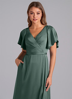 Azazie Ambrosia Robes de demoiselle d'honneur Robe Trapèze en Satin extensible Plissée Mousse De Mer image2