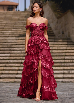 Glitz Rojo Vestido de fiesta de corte A con volantes image3