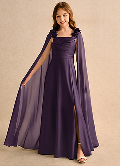 Azazie Rosita Girls Formal vestidos de niña de las flores Vestido de Ciruela de Satin Mate de Corte en A con Plisado image1