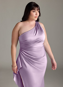 Azazie Latrice Bridesmaid Dresses Frosted Lilac Sheath One Shoulder Cascading Ruffles Stretch Satin Dress image11