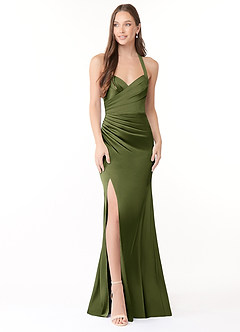Azazie Emeria Bridesmaid Dresses Olive Mermaid Pleated Stretch Satin Dress image2