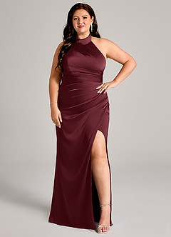 Azazie Jemma Vestidos de damas de honor Vestido de Cabernet de Satén Elástico de Corte Recto con Plisado image10