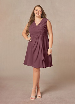 Azazie Theron Kleider für die Brautmutter A-Linie V-Hals Gefaltet Chiffon Kleid Sangria image6