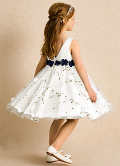 Azazie Starri Abiti da Ragazza di Fiori Abito Principessa in Raso Opaco Perline Avorio Blu Scuro image5