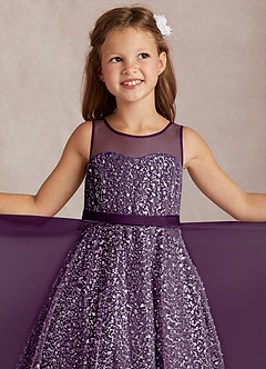 Azazie Siwa Flower Girl Dresses Grape A-Line Beaded Tulle Dress image1
