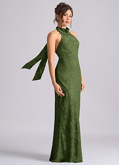 Azazie Velli Vestidos de damas de honor Vestido de Oliva de Devorado Floral de Corte Sirena con Cuello Alto image4