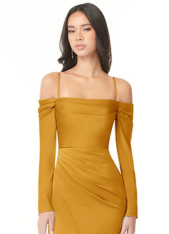 Azazie Hallie Bridesmaid Dresses Butterscotch Sheath Off-The-Shoulder Long Sleeve Stretch Satin Convertible Dress image2