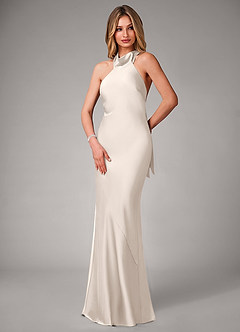 Azazie Velli Vestidos de damas de honor Vestido Alabastro Blanco de Satén Elástico de Corte Sirena con Cuello alto image3