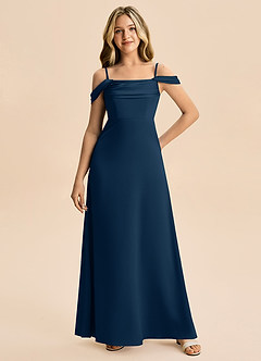 Azazie Lettie Junior A-Linie Schulterfrei Stretch-Satin Kleid Dunkelmarine image4