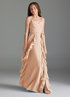 Azazie Peyton Junior Vestido de Rosa Inglesa de Gasa de Corte En A con Volantes en cascada Cuello en V image3