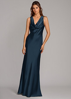 Azazie Cheryl Vestidos de damas de honor Vestido Azul Marino Oscuro de Satén Elástico de Corte Sirena image4