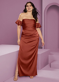 Barbie ♥ Azazie Robes de demoiselle d'honneur Robe Fourreau Convertible en Satin extensible Épaule décolletée Terracotta image10