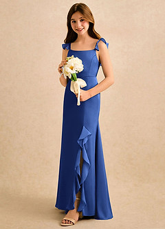 Azazie Novalie Girls Formal Robe Demoiselle D'honneur Fillette Robe Sirène en Satin extensible Nœud Bleu Roi image2