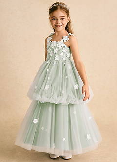 Azazie Teacup Flower Girl Dresses Ivory Dusty Sage Ball-Gown Lace Tulle Dress image6