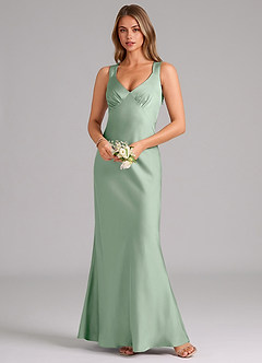 Azazie Kamila Bridesmaid Dresses Agave A-Line Pleated Stretch Satin Dress image4