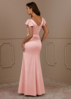 Azazie Roya Mother of the Bride Dresses Powder Pink Mermaid V-Neck Pleated Stretch Satin Dress image3