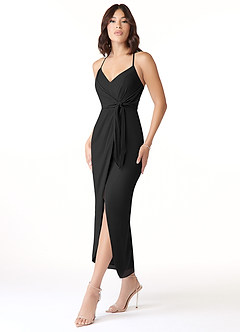 Azazie Ollie Bridesmaid Dresses Black Sheath Ruched Stretch Chiffon Dress image3