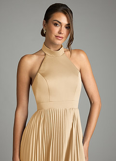 Azazie Zienna 신부 들러리 드레스 A라인 주름진 스트레치 새틴 바닥 길이 드레스 image5