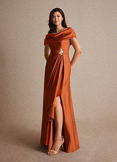 Azazie Branford Vestidos para mãe da noiva Vestido Laranja Queimada de Cetim elástico de Linha A com Plissado image8
