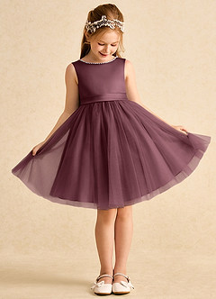 Azazie Jani Blumenmädchenkleider A-Linie Schleifen Tüll Kleid Sangria image2