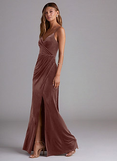 Azazie Maci Bridesmaid Dresses Espresso Sheath Pleated Velvet Dress image3