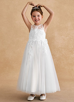 Azazie Bitsy Flower Girl Dresses Diamond White A-Line Lace Tulle Dress image2