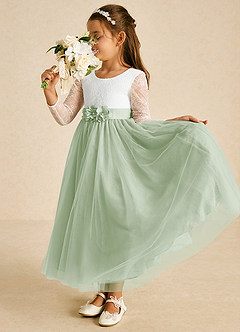Azazie Mae vestidos de niña de las flores Vestido de Marfil Salvia Polvorienta de Tul de Corte En A con Lazo image3