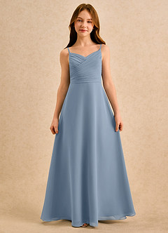 Azazie Hollie Girls Formal Venta final Vestido de Azul Polvoriento de Gasa de Corte en A con Escote de Corazón image4