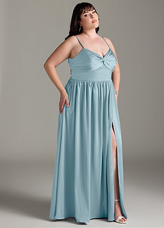 Azazie Zeya Robes de demoiselle d'honneur Robe Trapèze en Satin extensible Plissée Bleu Maussade image11