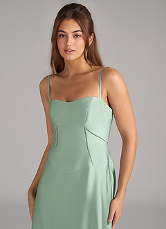 Azazie Valentine Bridesmaid Dresses Agave A-Line Corset Stretch Satin Dress image6