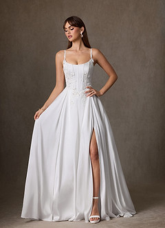 Azazie Sariah Wedding Dresses Diamond White A-Line Lace Stretch Satin Dress image4
