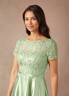 Azazie Adina Mother of the Bride Dresses Dusty Sage A-Line Lace Metallic Satin Dress image6