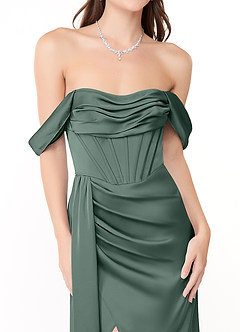 Azazie Amyra Bridesmaid Dresses Sea Moss Sheath Off the Shoulder Stretch Satin Convertible Dress image7