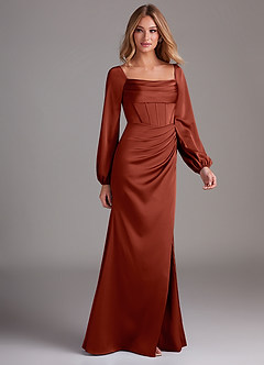 Azazie Charissa Bridesmaid Dresses Terracotta Sheath Long Sleeve Stretch Satin Dress image6