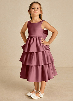 Azazie Margery Robe Demoiselle D'honneur Fillette Robe Trapèze en Satin extensible Arc Rose Du Désert image3