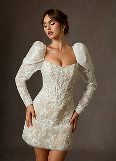Azazie Winter Wedding Dresses Diamond White Nude A-Line Strapless Lace Dress image4