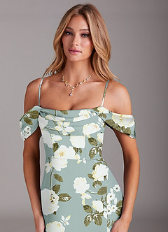 Azazie Saige Bridesmaid Dresses Misty Floral Garden Sheath Off the Shoulder Stretch Satin Dress image2