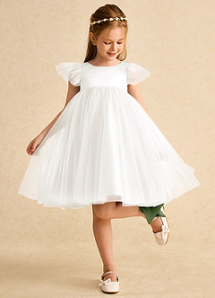 Azazie Munchkin Robe Demoiselle D'honneur Fillette Robe Trapèze en Tulle Arc Ivoire Olive image3