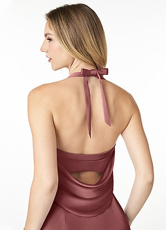 Azazie Myla Final Sale Amethyst Sheath Cowl Keyhole Stretch Satin Dress image5