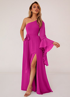 Barbie ♥ Azazie Bridesmaid Dresses Fuchsia A-Line Long Sleeve Chiffon Dress image3