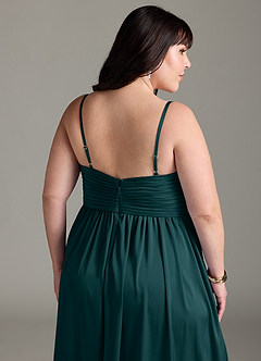 Azazie Alia Bridesmaid Dresses Pine A-Line Pleated Stretch Satin Dress image15