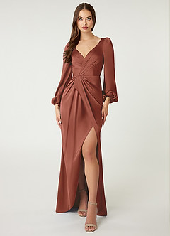 Azazie Mel Bridesmaid Dresses Auburn Sheath Long Sleeve Stretch Satin Dress image1