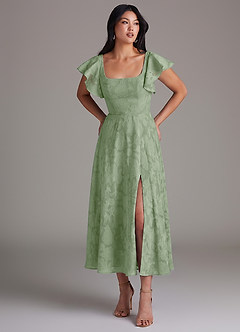 Azazie Bondi Bridesmaid Dresses Dusty Sage A-Line Ruched Floral Burnout Dress image1