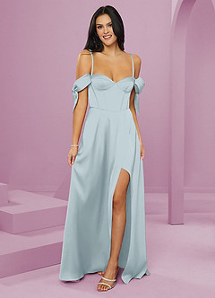 Barbie ♥ Azazie Bridesmaid Dresses Mist A-Line Off the Shoulder Stretch Satin Dress image13