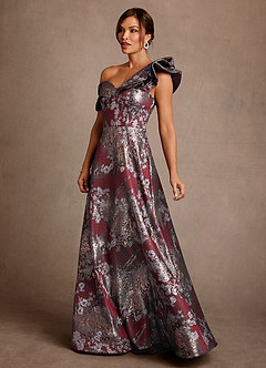 Azazie Des Moines Mère de la mariée Robes Robe Trapèze en Jacquard Floral Une épaule Merlot Floral image3
