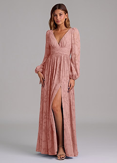 Azazie Norah Jurken voor bruidsmeisjes Jurk van Bloemen Burn-out met A-Lijn Lange mouw Rozet image5